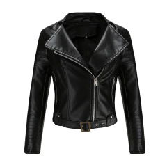 cropped adjustable waist women bike jacket full zipper faux leather PU jacket