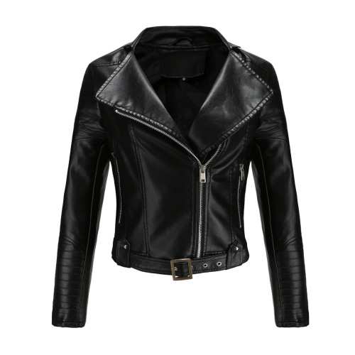 cropped adjustable waist women bike jacket full zipper faux leather PU jacket