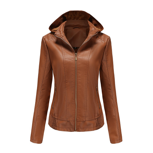 hooded fur lining winter women PU jacket motorcycle bike leather jacket