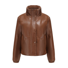lady stand collar cropped polish pu jacket winter cotton padding faux leather puffer jacket
