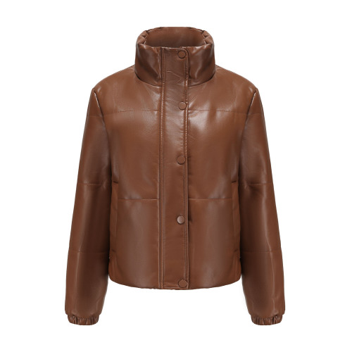 lady stand collar cropped polish pu jacket winter cotton padding faux leather puffer jacket