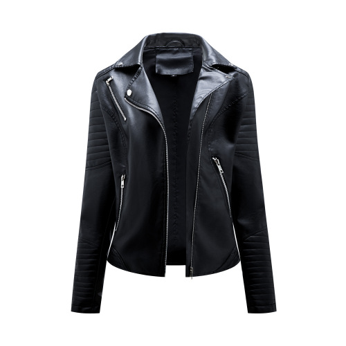quilted sleeve zipper pocket polish bright PU autumn jacket motorcycle lady faux leather jacket
