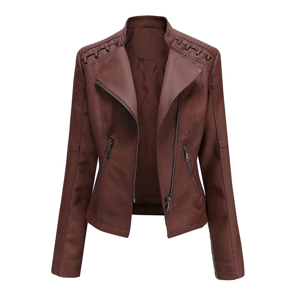 eyelet strap decoration shoulder women PU jacket fashion faux leather lady jacket