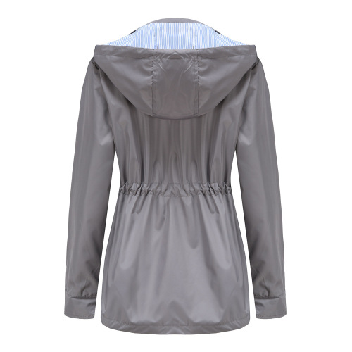 contrasted color striped lining mistral long women trench coat hooded zipper autumn windbreaker jacket