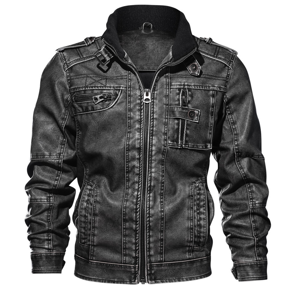 washing garment PU motorcycle jacket stand collar winter fur lined faux leather jacket