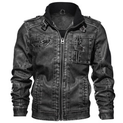 washing garment PU motorcycle jacket stand collar winter fur lined faux leather jacket