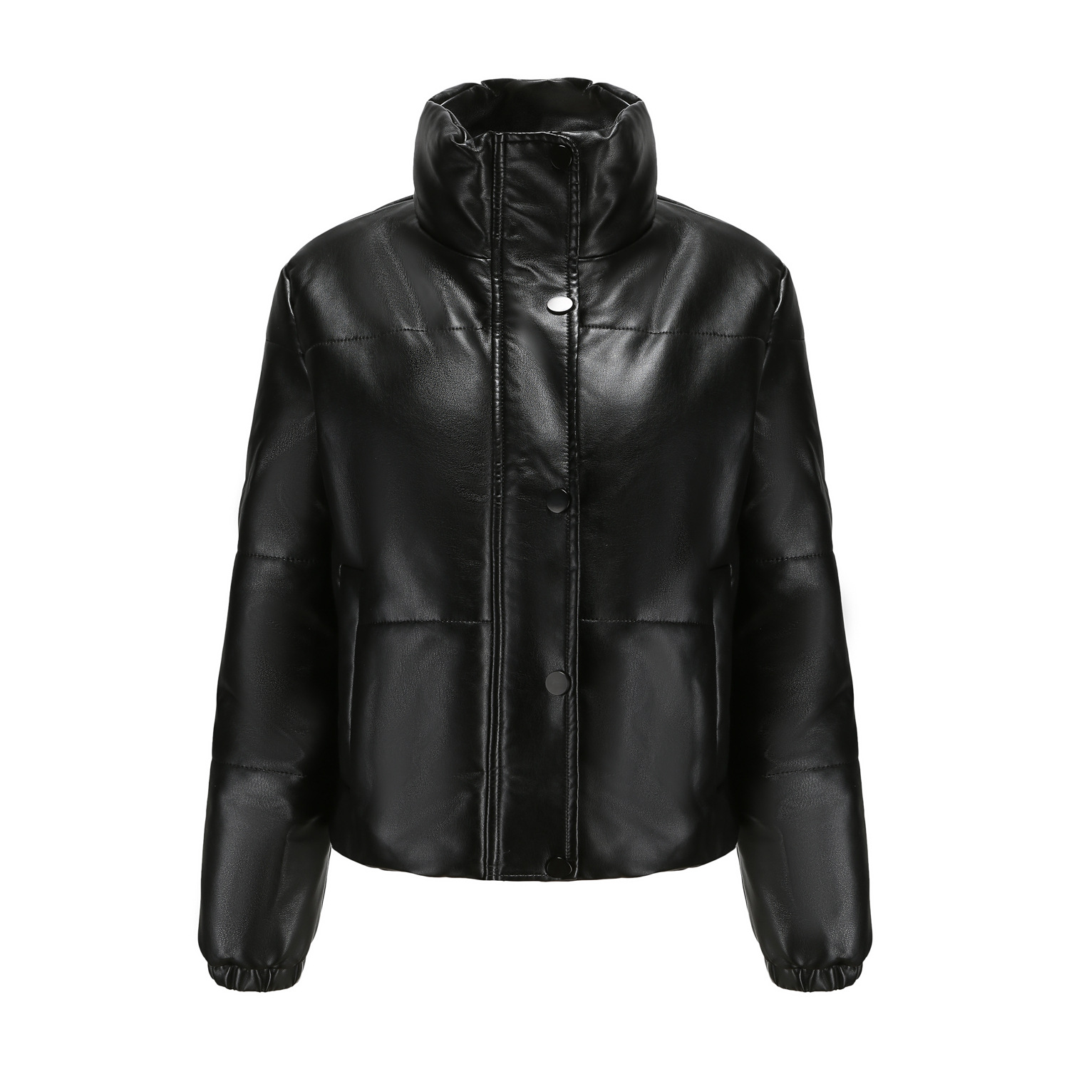 lady stand collar cropped polish pu jacket winter cotton padding faux leather puffer jacket