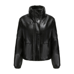 lady stand collar cropped polish pu jacket winter cotton padding faux leather puffer jacket