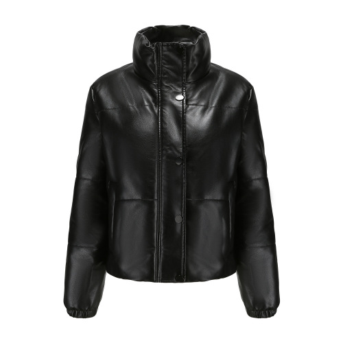 lady stand collar cropped polish pu jacket winter cotton padding faux leather puffer jacket