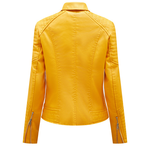 quilted sleeve zipper pocket polish bright PU autumn jacket motorcycle lady faux leather jacket