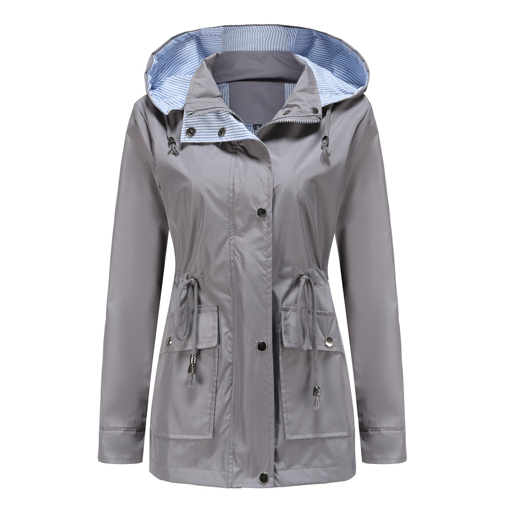 contrasted color striped lining mistral long women trench coat hooded zipper autumn windbreaker jacket