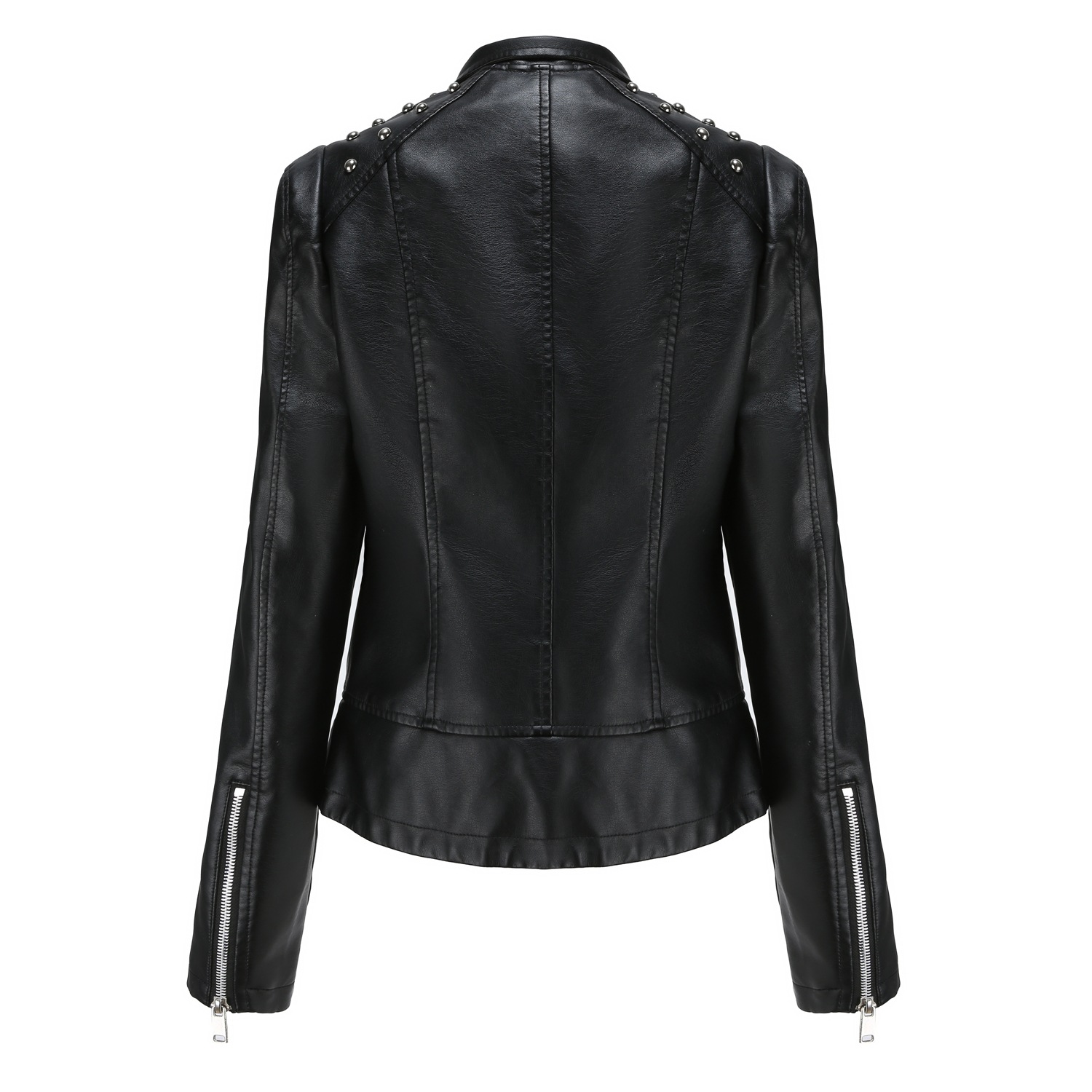 rivet shoulder open collar fashion women PU jacket autumn polish faux leather outer jacket