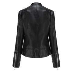 rivet shoulder open collar fashion women PU jacket autumn polish faux leather outer jacket