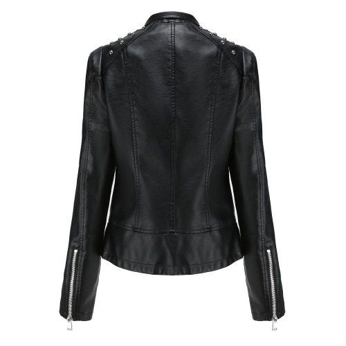 rivet shoulder open collar fashion women PU jacket autumn polish faux leather outer jacket