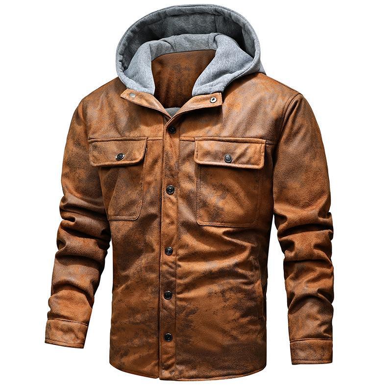 hooded motorcycle jacket retro suede mens fur lined zipper up winter faux leather PU jacket