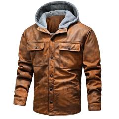 hooded motorcycle jacket retro suede mens fur lined zipper up winter faux leather PU jacket