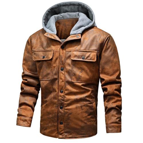 hooded motorcycle jacket retro suede mens fur lined zipper up winter faux leather PU jacket