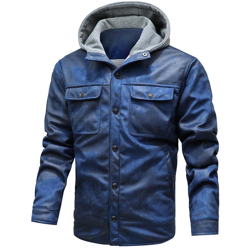 hooded motorcycle jacket retro suede mens fur lined zipper up winter faux leather PU jacket