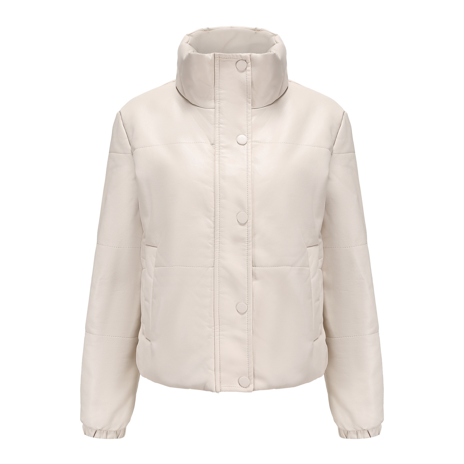 lady stand collar cropped polish pu jacket winter cotton padding faux leather puffer jacket