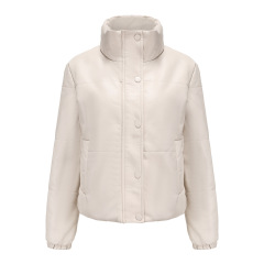 lady stand collar cropped polish pu jacket winter cotton padding faux leather puffer jacket