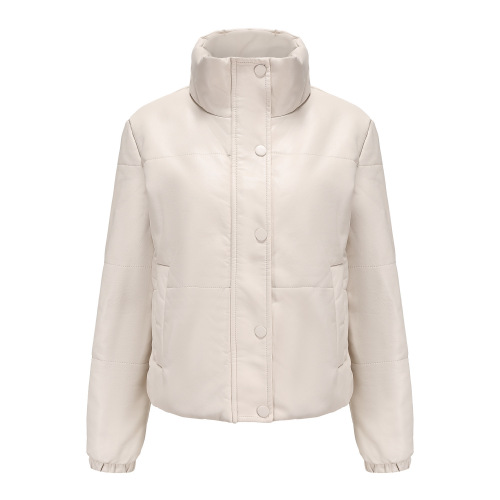 lady stand collar cropped polish pu jacket winter cotton padding faux leather puffer jacket