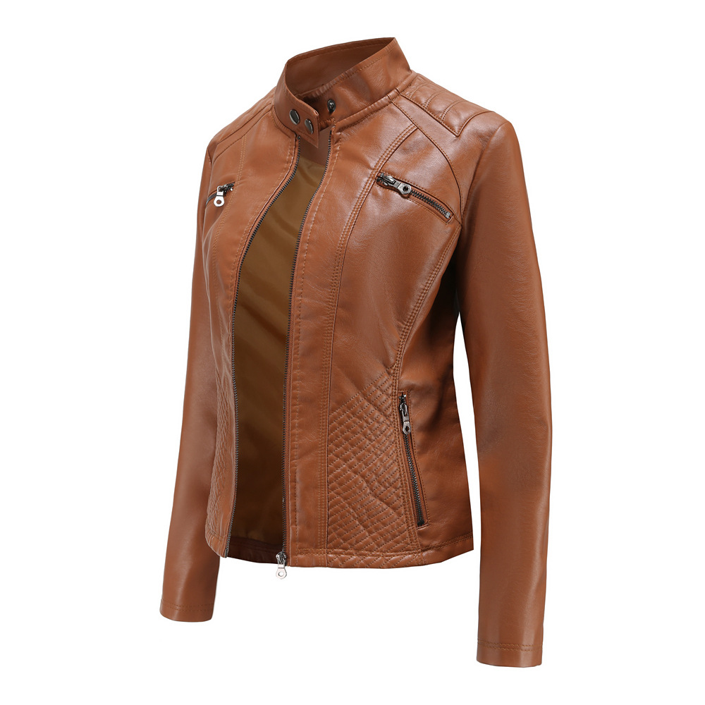quilted body zipper pocket polish PU women jacket autumn lady faux leather jacket