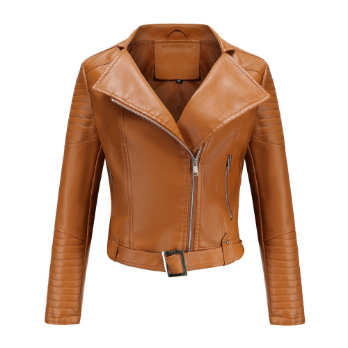 cropped adjustable waist women bike jacket full zipper faux leather PU jacket