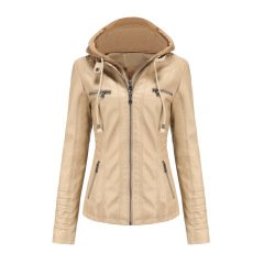detachable knitted hood women PU jacket zipper pocket polish faux leather autumn outerwear