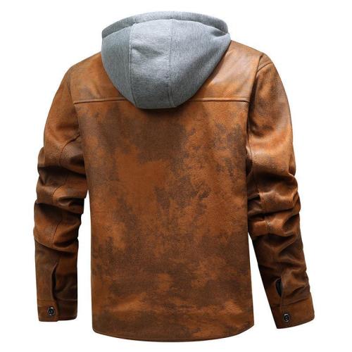 hooded motorcycle jacket retro suede mens fur lined zipper up winter faux leather PU jacket