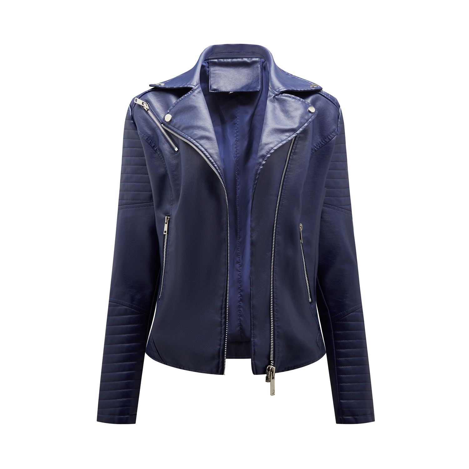 quilted sleeve zipper pocket polish bright PU autumn jacket motorcycle lady faux leather jacket