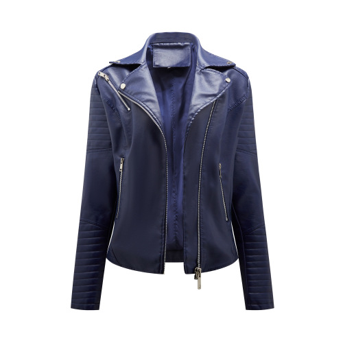 quilted sleeve zipper pocket polish bright PU autumn jacket motorcycle lady faux leather jacket