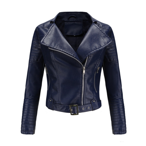 cropped adjustable waist women bike jacket full zipper faux leather PU jacket