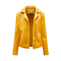 quilted sleeve zipper pocket polish bright PU autumn jacket motorcycle lady faux leather jacket