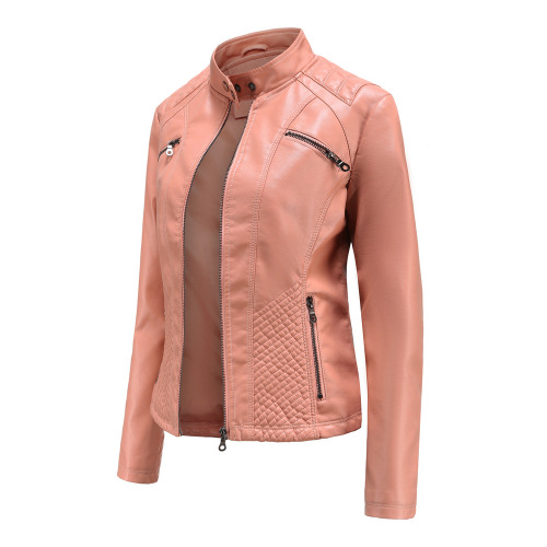 quilted body zipper pocket polish PU women jacket autumn lady faux leather jacket
