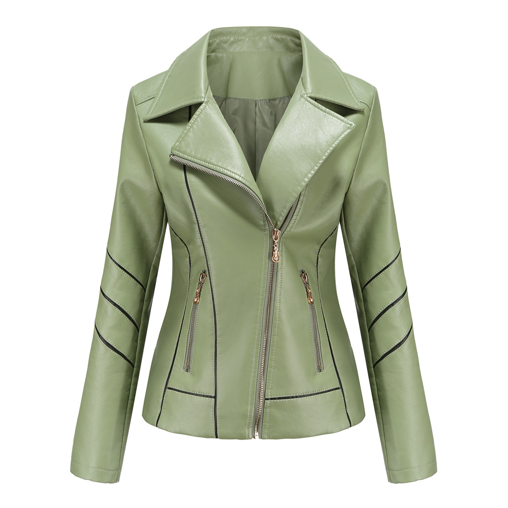 striped contrasted color fashion women PU jacket zipper pocket faux leather outer jacket