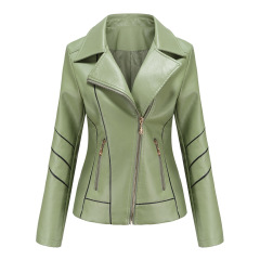 striped contrasted color fashion women PU jacket zipper pocket faux leather outer jacket