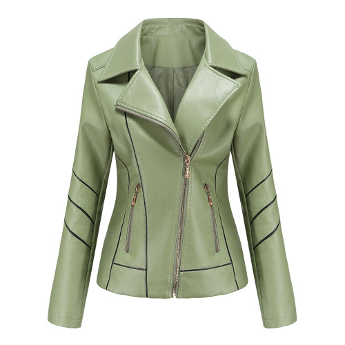 striped contrasted color fashion women PU jacket zipper pocket faux leather outer jacket
