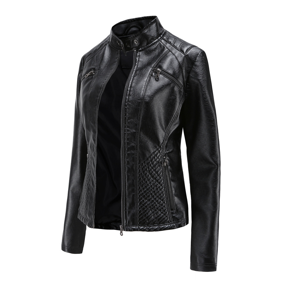 quilted body zipper pocket polish PU women jacket autumn lady faux leather jacket