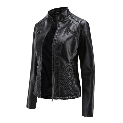 quilted body zipper pocket polish PU women jacket autumn lady faux leather jacket