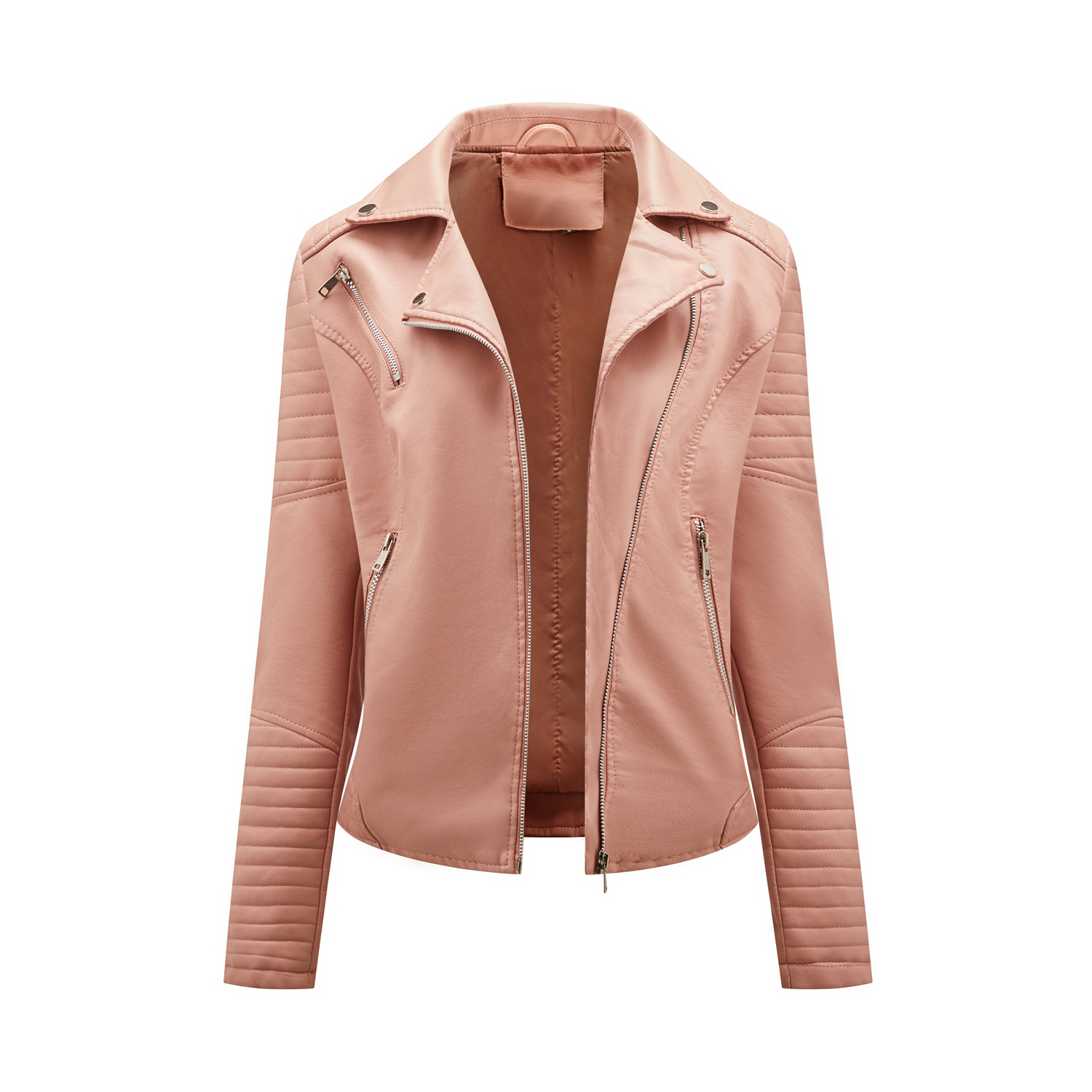quilted sleeve zipper pocket polish bright PU autumn jacket motorcycle lady faux leather jacket