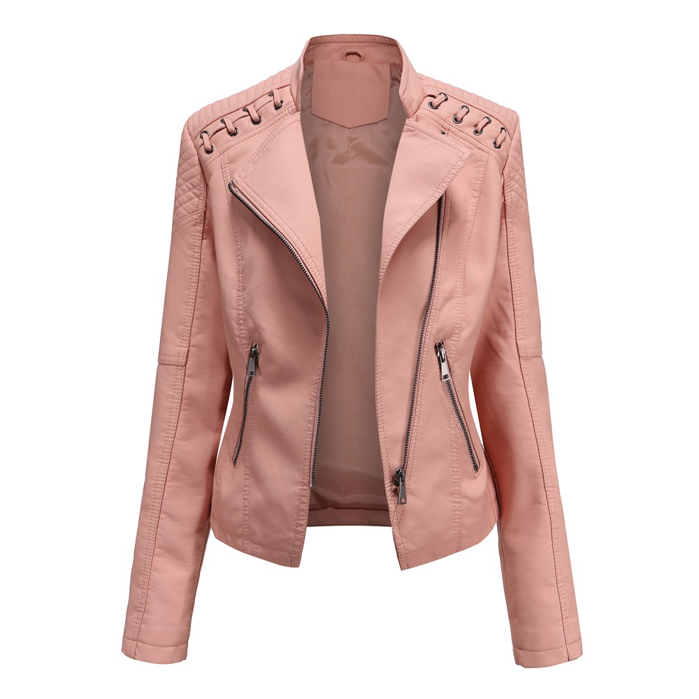 eyelet strap decoration shoulder women PU jacket fashion faux leather lady jacket