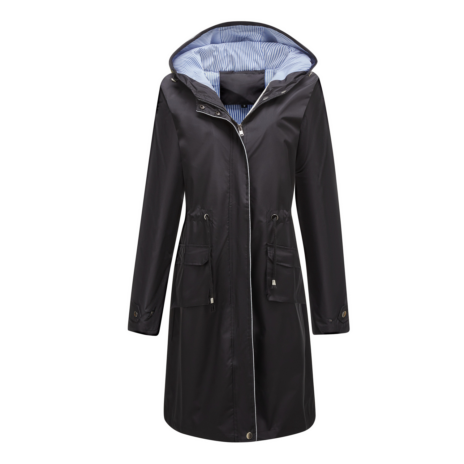 color blocked striped lining cover long women trench coat hooded zipper autumn windbreaker jacket