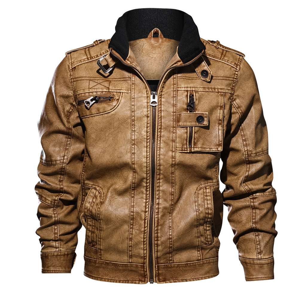 washing garment PU motorcycle jacket stand collar winter fur lined faux leather jacket