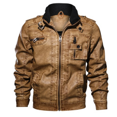 washing garment PU motorcycle jacket stand collar winter fur lined faux leather jacket