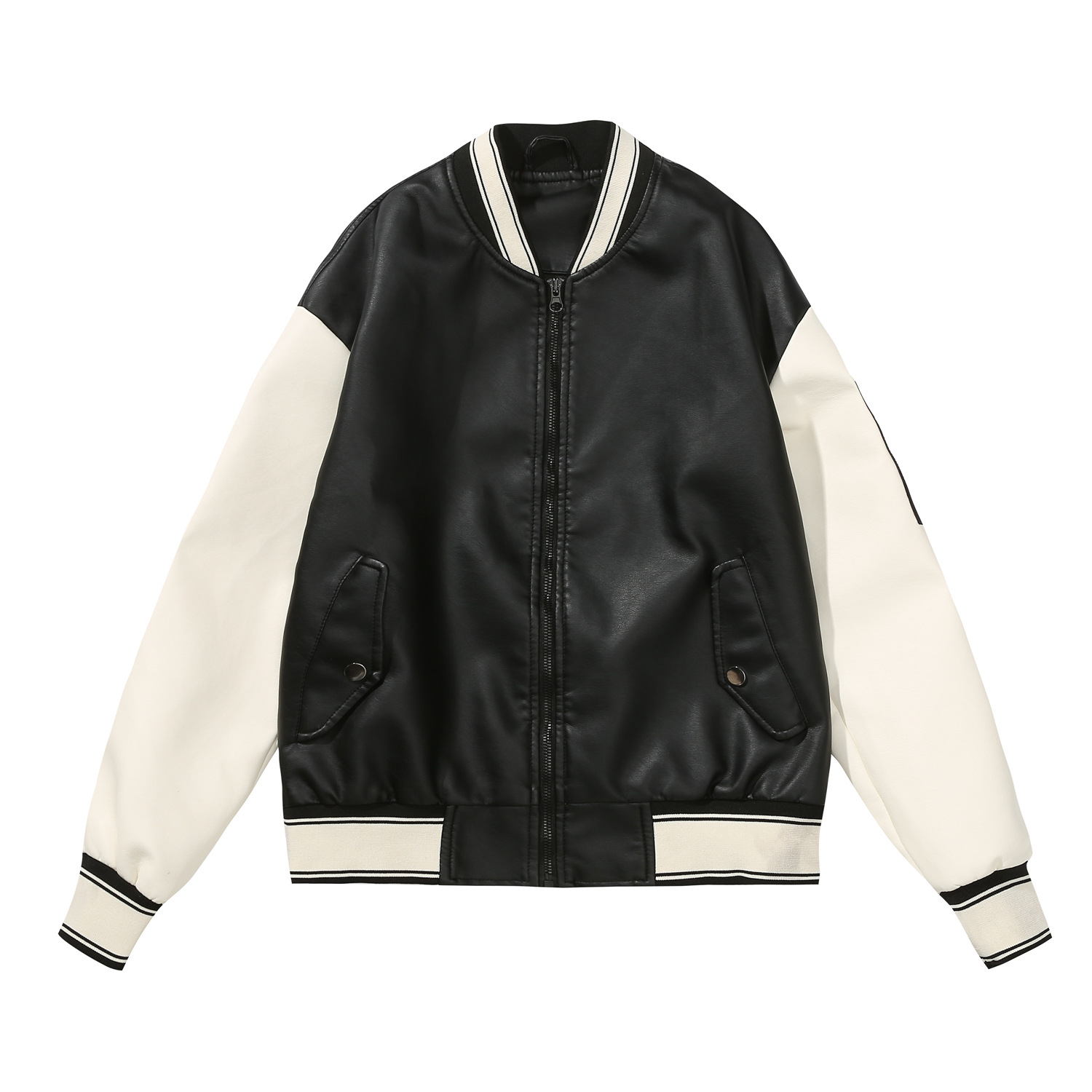patchwork unisex PU college jacket faux leather bomber jacket school uniform