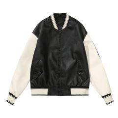 patchwork unisex PU college jacket faux leather bomber jacket school uniform