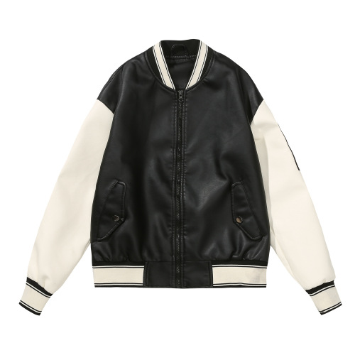 patchwork unisex PU college jacket faux leather bomber jacket school uniform
