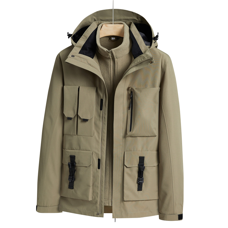 multi pockets cargo jacket 2 in 1 urban outdoor coat lined with polar fleece jacket windproof ski wear