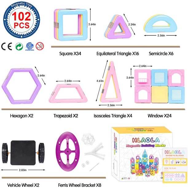 SIXDOVE Magnetic Blocks 102PCS Upgrade Magnetic Building Blocks for Kids Magnetic Tiles 3D Magnetic Toys Educational STEM Toys Tiles Set