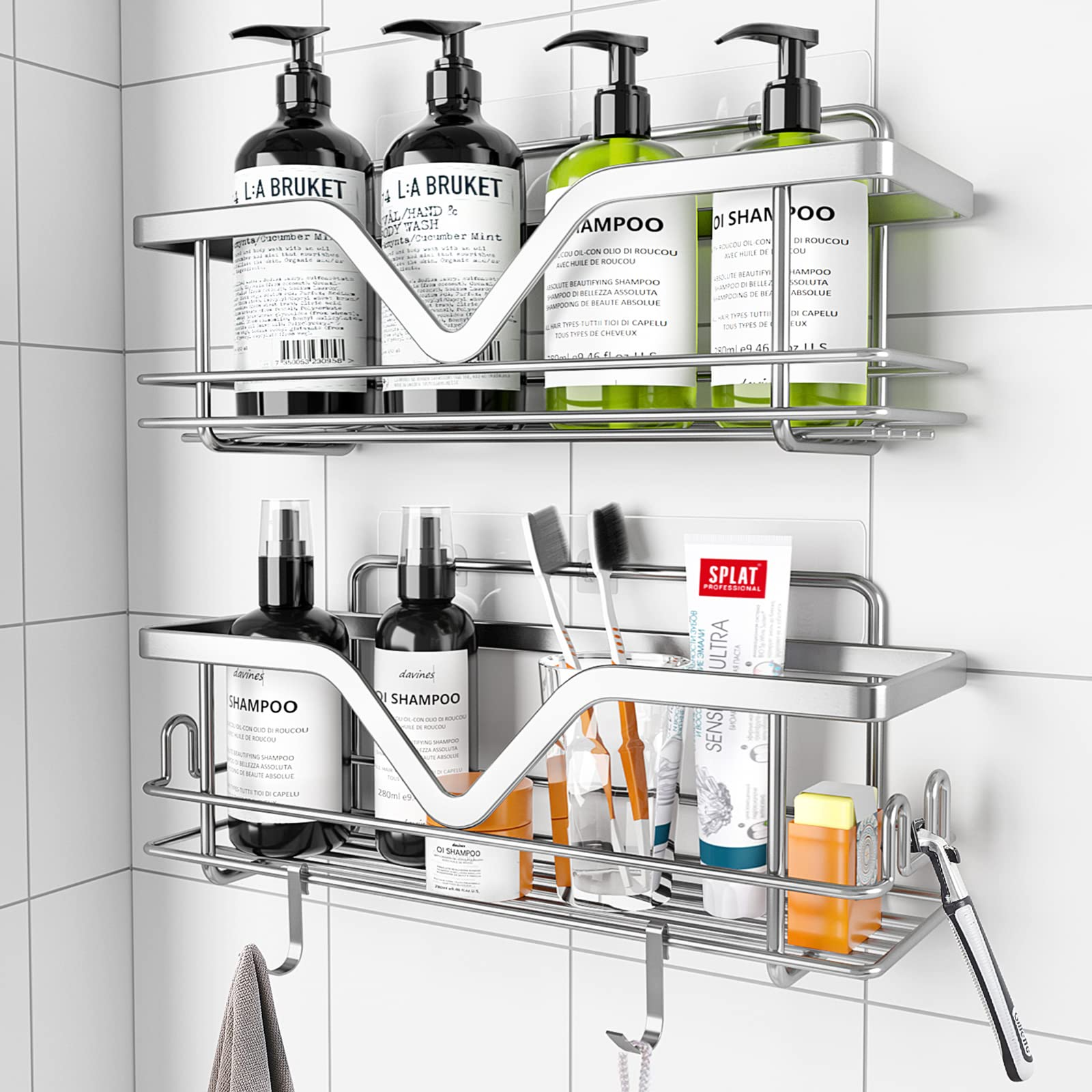 Tindbea Shower Caddy, Adhesive Shower Shelves with 6 Hooks, Bathroom Shower  Organizer Racks No Drilling, Rustproof Stainless Steel Shower Storage
